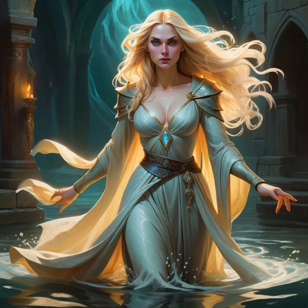 Prompt: Blonde-haired DND sorceress villainess walking on water, historical fantasy artwork, flowing robes, magical aura, detailed facial features, high quality, oil painting, medieval fantasy, dramatic lighting, ethereal glow, mystical atmosphere