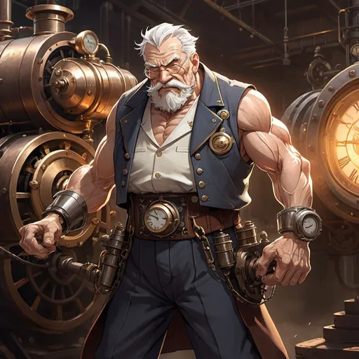 Prompt: Character design concept: 1 buff fighter old man, Honkai Star Rail character inspired by steam engine, with time manipulation powers, detailed steam engine design, vintage industrial materials, intricate clockwork elements, high quality, anime, steampunk, warm tones, dramatic lighting, intricate detailing, futuristic technology, time manipulation, dynamic pose, character design, atmospheric background