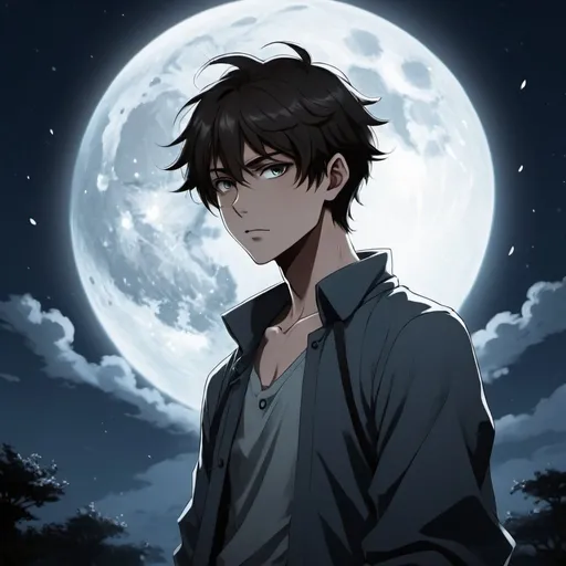 Prompt: make art image for display picture: anime guy under the moonlight that gives of a sense of fearlessness and peace and mystery