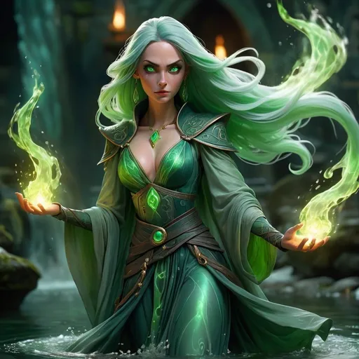Prompt: DND sorceress villainess, flowing robes, green hair, walking on water's surface, magical aura, medieval fantasy, dramatic lighting, ethereal glow, mystical atmosphere, green fire powers, detailed eyes, detailed face, highres, fantasy, mystical, dramatic lighting, detailed eyes, flowing robes, water walking, magical aura, green hair, medieval, villainess, ethereal glow, detailed face, green fire powers