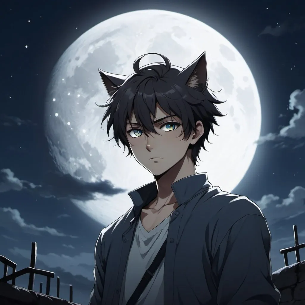 Prompt: make art image for display picture: anime guy under the moonlight that gives of a sense of fearlessness and peace with eyes like that of a cat. looks mysterious too