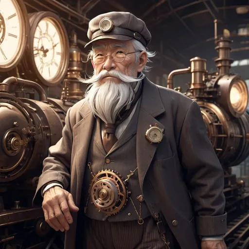 Prompt: Character design concept: 1 old man, Honkai Star Rail character inspired by steam engine, with time manipulation powers, detailed steam engine design, vintage industrial materials, intricate clockwork elements, high quality, anime, steampunk, warm tones, dramatic lighting, intricate detailing, futuristic technology, time manipulation, dynamic pose, character design, atmospheric background