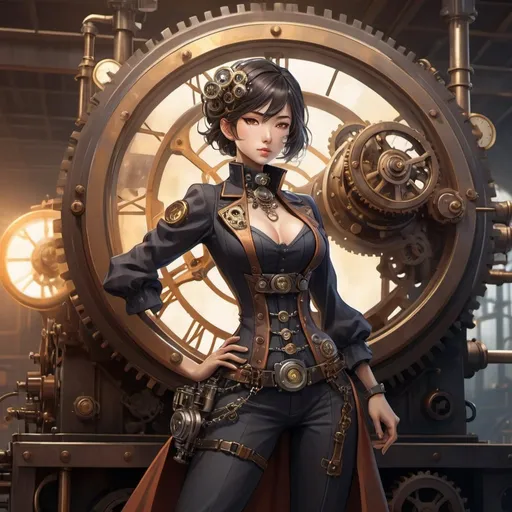 Prompt: Character design concept: 1 woman, Honkai Star Rail character inspired by steam engine, with time manipulation powers, detailed steam engine design, vintage industrial materials, intricate clockwork elements, high quality, anime, steampunk, warm tones, dramatic lighting, intricate detailing, futuristic technology, time manipulation, dynamic pose, character design, atmospheric background