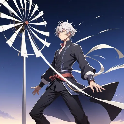 Prompt: Honkai: Star Rail character design concept: 1 man, silent type, inspired by windmill, with wind-bending powers, elegant, high quality, anime, cool tones, dramatic lighting, intricate detailing, dynamic pose, atmospheric background