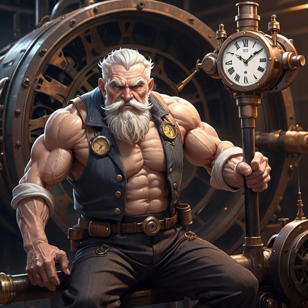 Prompt: Character design concept: 1 buff fighter old man, Honkai Star Rail character inspired by steam engine, with time manipulation powers, detailed steam engine design, vintage industrial materials, intricate clockwork elements, high quality, anime, steampunk, warm tones, dramatic lighting, intricate detailing, futuristic technology, time manipulation, dynamic pose, character design, atmospheric background, with large mallet as a weapon, the mallet has a clock