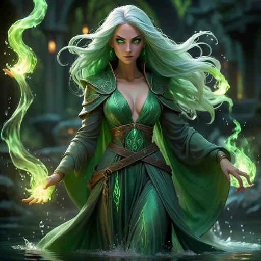 Prompt: DND sorceress villainess, flowing robes, green hair, walking on water's surface, magical aura, medieval fantasy, dramatic lighting, ethereal glow, mystical atmosphere, green fire powers, detailed eyes, detailed face, highres, fantasy, mystical, dramatic lighting, detailed eyes, flowing robes, water walking, magical aura, green hair, medieval, villainess, ethereal glow, detailed face, green fire powers