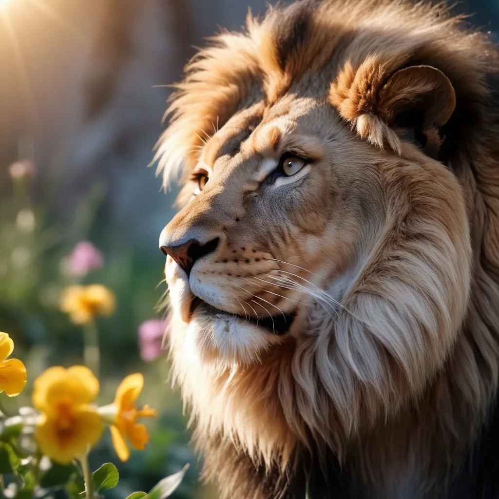 Prompt: A mighty lion, looking at a charming flower, a primrose, his gaze is directed to the flower. There is Supernatural Atmosphere, Close-up, Bokeh, Dawn, Divine Rays, Highly Detailed, Highres, Cinematic, Cinemascope, Amazing, Epic.