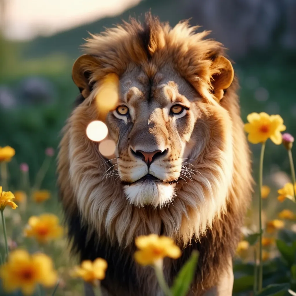 Prompt: A mighty lion, looking at a charming flower, a primrose, his gaze is directed to the flower. There is Supernatural Atmosphere, Close-up, Bokeh, Dawn, Divine Rays, Highly Detailed, Highres, Cinematic, Cinemascope, Amazing, Epic.