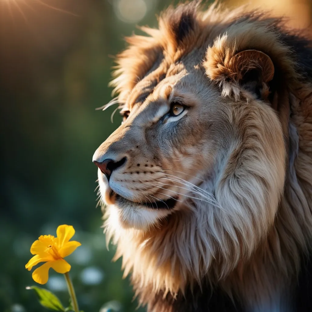 Prompt: A mighty lion, looking at a charming flower, a primrose, his gaze is directed to the flower. There is Supernatural Atmosphere, Close-up, Dark, Bokeh, Dawn, Divine Rays, Highly Detailed, Highres, Cinematic, Cinemascope, Amazing, Epic, Magnificent, ral-fluff