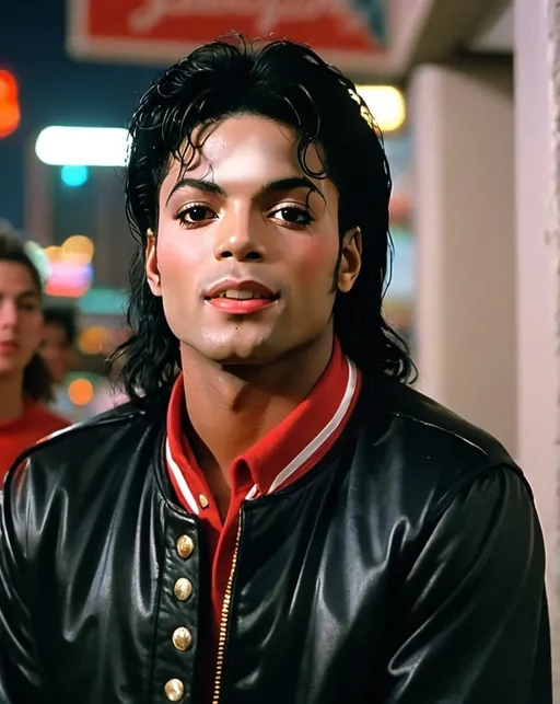 Prompt: Michael Jackson's 'Jam' music video recreation, 1988, vibrant urban street setting, detailed facial features, high-quality, 80s style, dynamic poses, MJ's iconic outfit, basketball court, city lights casting a colorful glow, retro, high energy, urban, detailed urban setting, 80s fashion, dynamic lighting