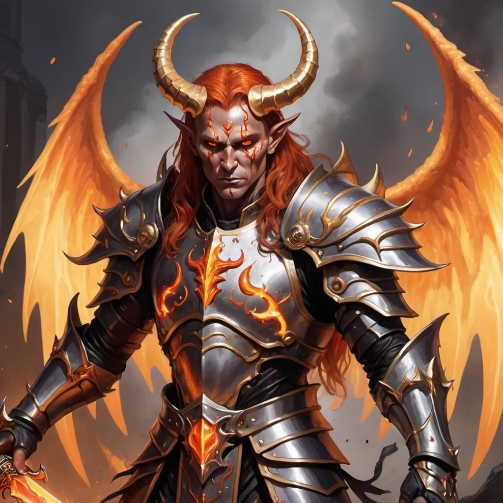 Prompt: A magic the gathering style portrait of a demonic man with golden tan skin, horns, black leathery wings, and glowing orange eyes with tears dripping from them weilding a sword made of fire. He has red and gold shoulder length hair and wears silvery armor

Full body portrait in a battle pose