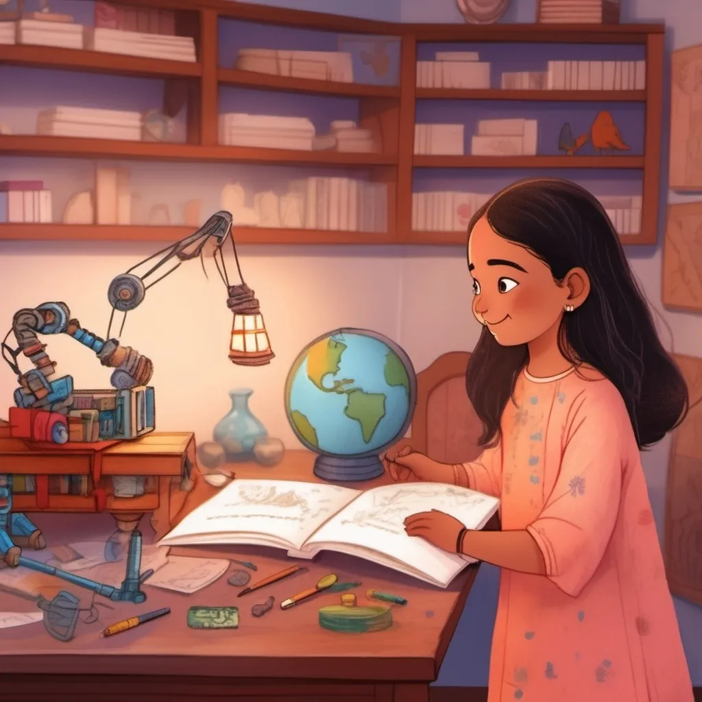 Prompt: Name: Ananya (meaning “unique” in Sanskrit)
	•	Background: Ananya is curious, imaginative, and always eager to learn. She loves science and enjoys building things, whether it’s a robot or a treehouse. She’s confident and proud of her heritage, often sharing cultural stories or traditions with her friends. Ananya in her room, filled with blueprints, tools, and half-finished inventions. In the background, there’s a shelf with traditional Indian artifacts and books, blending her cultural heritage with her love for science.