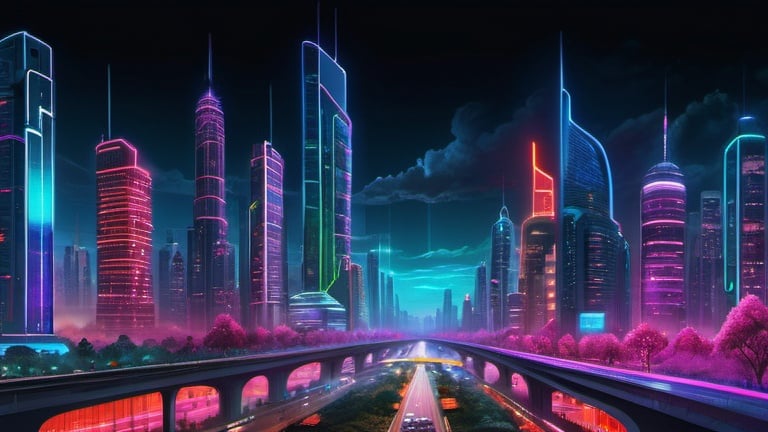 Prompt: Panorama of Neon City, a super large, majestic future metropolis, dozens of futuristic architectural skyscrapers with many neon lights including red, green, blue, purple, yellow, orange, pink with many green trees along the wide road at a cloudy blue night (realistic)