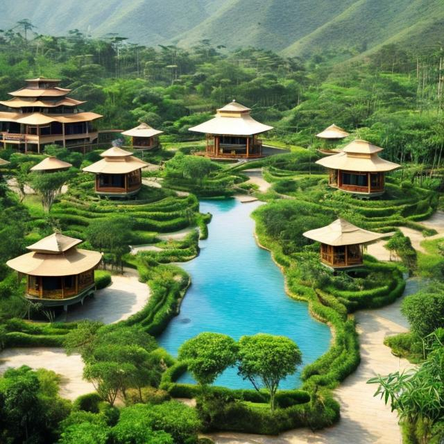 Prompt: create a very detailed resort and recreation centre with bamboo trees,  many raised gazebos,  many raised cottages, flower gardens , paths,  in east africa 