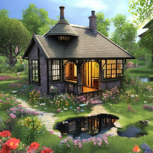 Prompt: create a very detailed and magnificent cottage in a water pond ,  in east africa 