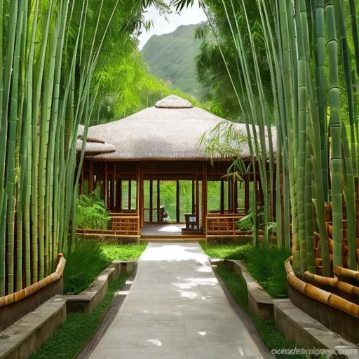 Prompt: create a very detailed and magnificent resort and recreation Centre with  dense bamboo tree forest in some areas and hedges along the paths and building structures,  many raised gazebos,  many raised cottages, many flower gardens ,  many paths,  in east africa 