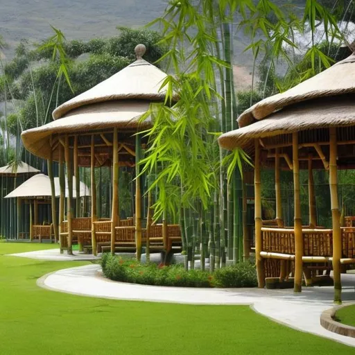 Prompt: create a resort and recreation centre with bamboo trees, raised gazebos, raised cottages, flower gardens , paths,  fountains  in east africa 