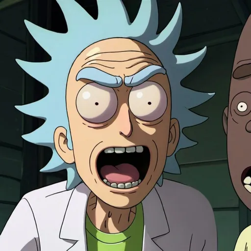 Prompt: rick from rick and morty cartoon with his mouth wide open staring at the camera with black soulless eyes with poob regretevator