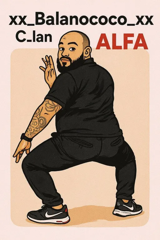 Prompt: Crie uma ilustração de uma toalha com a imagem anexada e acrescente o texto: xx_Balanococo_xx
Clã ALFA