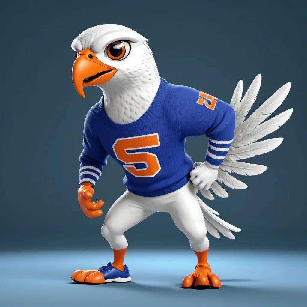 Prompt: A cartoon version of a sports team mascot, a Falcon, vintage (1950's)  collegiate falcon mascot, similar to the University of Miami Hurricanes mascot but in 1950's sweater that's whitish gray with a collegiate font letter "S" in royal blue. cartoon version, set of tennis shoes resembling an "asics tennis shoe gel resolution". muscular and fit Falcon strutting on the ground with his arms bent at the elbow and swinging the way someone would when walking with purpose
