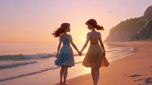 Prompt: masterpiece, best quality, in spring, sun, sunset, sea, on the beach, 2girls, disney style, 1920 1080, 4k