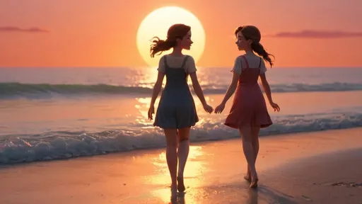Prompt: masterpiece, best quality, in spring, sun, sunset, sea, on the beach, 2girls, disney style, 1920 1080, 4k