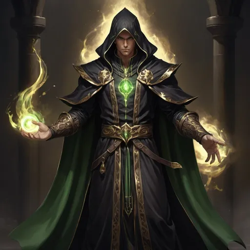 Prompt: male black mage, middle adulthood, green eyes, brown hair, jawline, tall, athletic, muscular, black  armored robes with gold details, shadowy background, spell casting, holy element, full body, dark fantasy art, realistic, dark tones