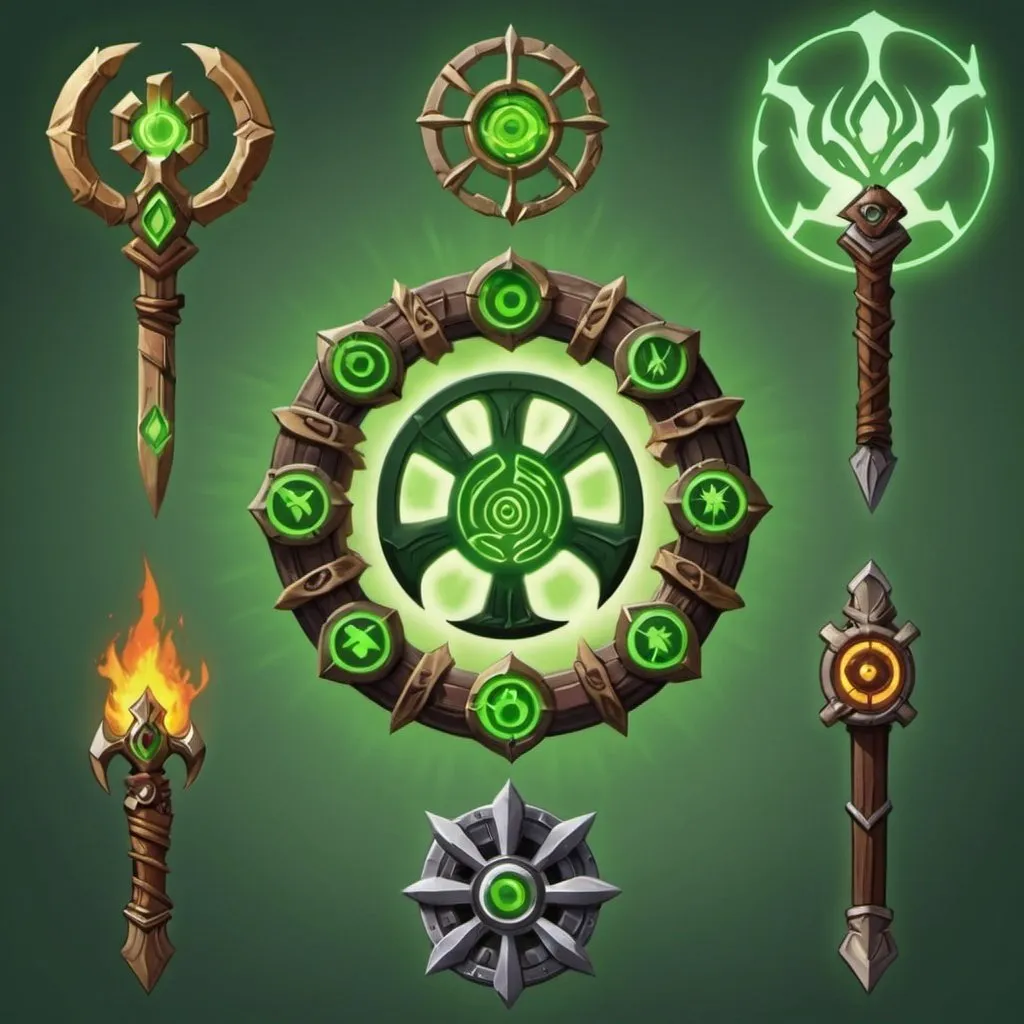 Prompt: omnitrix symbol on different druid weapons in dnd 5e