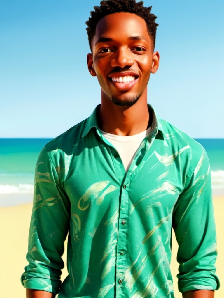 Prompt: picture should be anime and man should be handsome a man standing on a beach with a smile on his face and a green shirt on his shirt is smiling, Esaias Boursse, lyrical abstraction, affinity photo, a stock photo