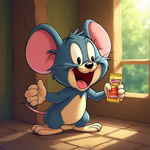 Prompt: (ultra-detailed) cartoon mouse resembling Jerry, (playful pose), holding a Goodys headache powder packet, wide-open mouth as if about to speak, leaning against a rustic wall, soft shadows enhancing depth, (vibrant colors), cheerful ambiance, natural light filtering in, playful expression showcasing surprise or excitement, high-quality illustration capturing whimsical essence.