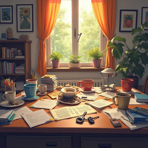 Prompt: (vibrant title "Lost My Keys"), an empty tabletop scattered with miscellaneous items, a frantic yet humorous atmosphere, warm sunlight flooding through a nearby window, chaotic arrangement of everyday objects, a pair of partially visible keys hidden among the clutter, engaging background details like a cozy apartment:view, ultra-detailed illustration, colorful highlights on everyday items like coffee mugs and scattered papers.