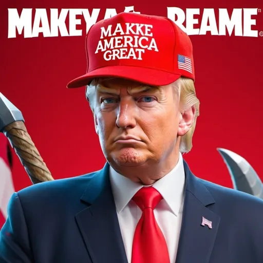 Prompt: (Fortnite skin of Donald Trump), wearing a distinctive red "Make America Great Again" hat in white letters, dynamic gaming pose, vibrant color palette, detailed costume design with blue custom-made suit and bright red MAGA themed tie. Playful elements of video game aesthetics, cool-toned background with a futuristic landscape, energetic and upbeat atmosphere, ultra-detailed 4K resolution, eye-catching character design, striking contrasts and visual flair. 
The pickaxe is a massive golden scepter with a eagle-shaped top, reflecting the power and stature of the skin's character. 