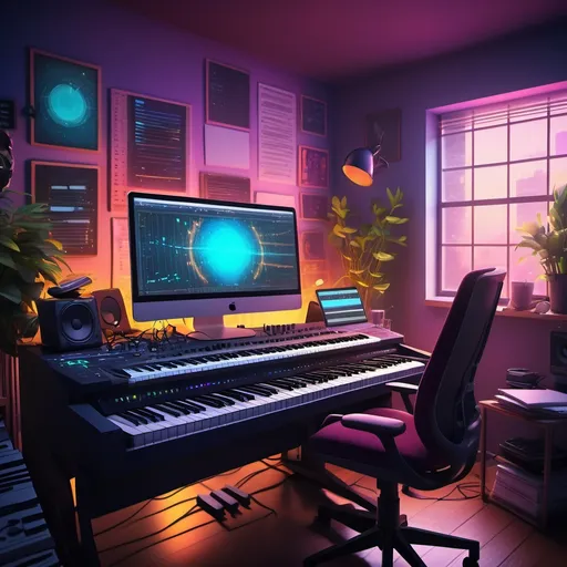 Prompt: (digital music creation and composition), vibrant colors, emotional atmosphere, dynamic energy, intricate musical notes, a captivating workspace with computer, electronic keyboard, drums, poignant inspiration, soft lighting illuminating sheet music, creative chaos, artistic arrangement of musical elements, high-quality 4K, ultra-detailed scene, conveying passion and creativity in the process.