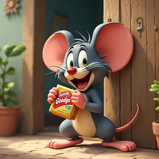 Prompt: (ultra-detailed) cartoon mouse resembling Jerry, (playful pose), holding a Goodys headache powder packet, wide-open mouth as if about to speak, leaning against a rustic wall, soft shadows enhancing depth, (vibrant colors), cheerful ambiance, natural light filtering in, playful expression showcasing surprise or excitement, high-quality illustration capturing whimsical essence.