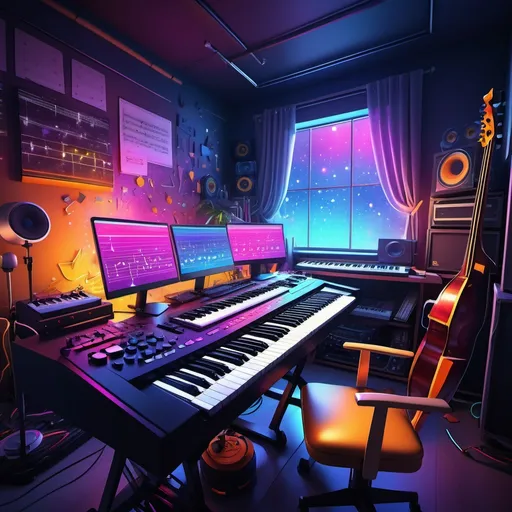 Prompt: (digital music creation and composition), vibrant colors, emotional atmosphere, dynamic energy, intricate musical notes, a captivating workspace with computer, electronic keyboard, drums, poignant inspiration, soft lighting illuminating sheet music, creative chaos, artistic arrangement of musical elements, high-quality 4K, ultra-detailed scene, conveying passion and creativity in the process.