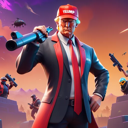 Prompt: (Fortnite skin of Donald Trump), wearing a distinctive (red MAGA hat), dynamic gaming pose, vibrant color palette, detailed costume design, playful elements of video game aesthetics, cool-toned background with a futuristic landscape, energetic and upbeat atmosphere, ultra-detailed 4K resolution, eye-catching character design, striking contrasts and visual flair.