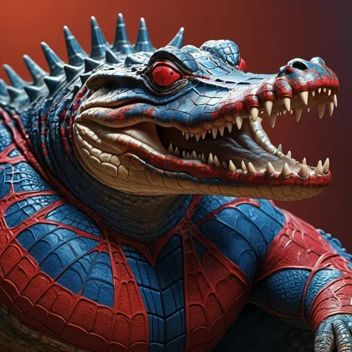 Prompt: "A highly detailed, 8K resolution image of a crocodile with skin patterns and colors resembling Spider-Man's suit, with vibrant red and blue tones, and intricate web-like designs. The crocodile should have a fierce, majestic presence, blending the characteristics of both the reptile and the superhero seamlessly."