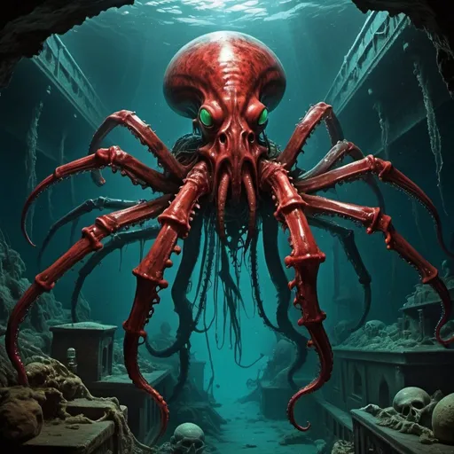 Prompt: retro sci fi, Titanic, h.p Lovecraft, alien, underwater, decayed, broken, sunk, tomb, grim, haunting, spider, squid, red,                  