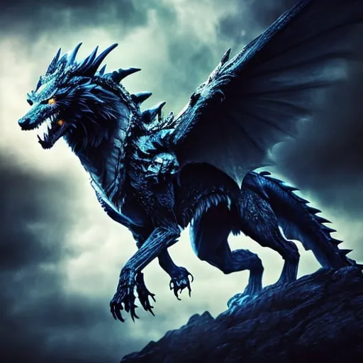 Prompt: Gigantic menacing wolf-dragon hybrid flying through the air, fantasy style, highres, ultra-detailed, fantasy, mythical creature, intense and fierce expression, majestic wings, mystical atmosphere, surreal lighting, mysterious aura, sharp claws, vivid colors, dramatic sky, epic scale, mythical beast, detailed scales, fur and feathers, professional, atmospheric lighting