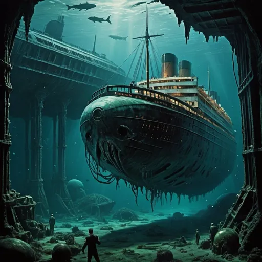 Prompt: retro sci fi, Titanic, h.p Lovecraft, alien, underwater, decayed, broken, sunk,               