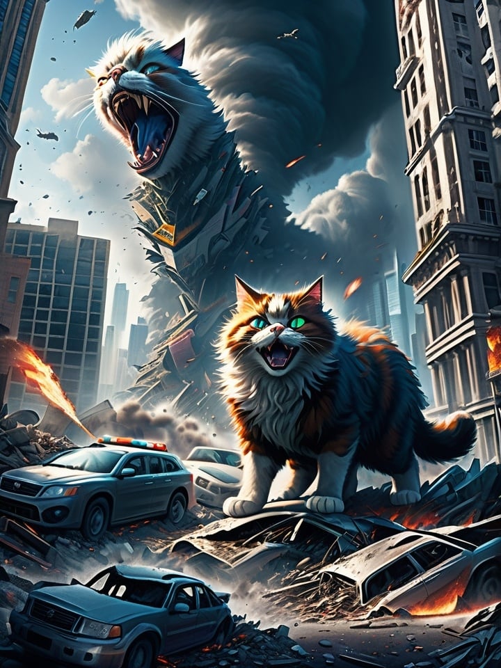 Prompt: Gigantic cat wreaking havoc, digital illustration, destroyed buildings, destroyed cars, detailed fur, realistic textures, intense and cute gaze, city destruction, high quality, digital art, happy, dramatic lighting, chaotic scene, futuristic cityscape, light atmosphere, detailed, realistic, futuristic, chaotic, happy, intense gaze, dramatic lighting, destroyed city, gigantic cat, detailed fur, realistic textures, destroyed news truck, 