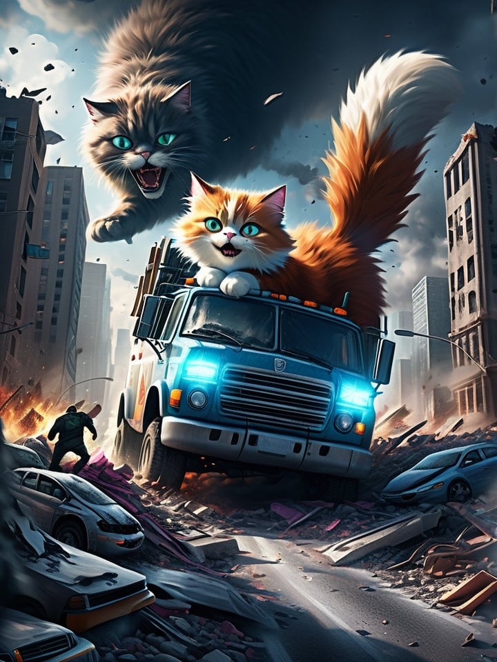 Prompt: Gigantic cat wreaking havoc, digital illustration, destroyed buildings, destroyed cars, detailed fur, realistic textures, intense and cute gaze, city destruction, high quality, digital art, happy, dramatic lighting, chaotic scene, futuristic cityscape, light atmosphere, detailed, realistic, futuristic, chaotic, happy, intense gaze, dramatic lighting, destroyed city, gigantic cat, detailed fur, realistic textures, destroyed news truck, 