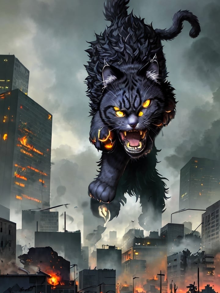 Prompt: Gigantic cat wreaking havoc, digital illustration, destroyed buildings, detailed fur with realistic textures, intense and menacing gaze, city destruction, high quality, digital art, dark and gritty, dramatic lighting, chaotic scene, futuristic cityscape, sinister atmosphere