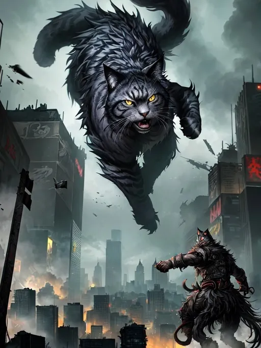 Prompt: Gigantic cat wreaking havoc, digital illustration, destroyed buildings, detailed fur with realistic textures, intense and menacing gaze, city destruction, high quality, digital art, dark and gritty, dramatic lighting, chaotic scene, futuristic cityscape, sinister atmosphere
