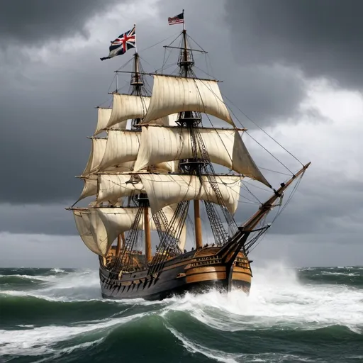 Prompt: Mayflower ship in roaring seas
