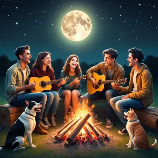 Prompt: 5 happy friends around the bonfire, one is holding a guitar, one is laughing, one is eating a pistachio, 1 dog and 1 cat, a man is stroking a dog, starry sky with a big full moon, vintage style, vibrant colors, vivid emotional romance, glowing bonfire light, serene night, warm hues, high depth, ultra-detailed, cinematic masterpiece, photorealistic>>();