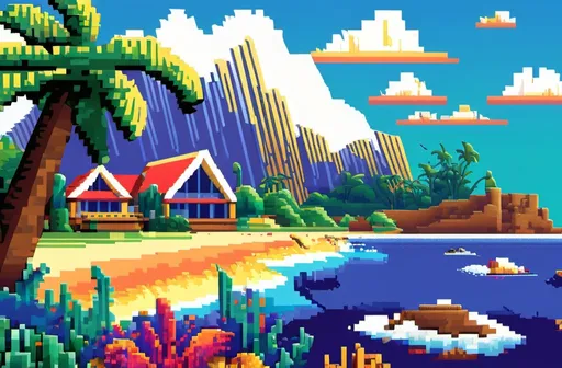 Prompt: Create a 2D pixelated image filled with vibrant colors, showcasing a prestigious background of Oceania. The scene should feature iconic landmarks and natural landscapes that represent the region's unique culture and beauty, such as stunning beaches, lush rainforests, or traditional Maori structures. Incorporate elements like the Great Barrier Reef or the Sydney Opera House, all rendered in a detailed pixel art style. The image should be lively and engaging, capturing the essence of Oceania's diverse elegance through its colorful pixels.