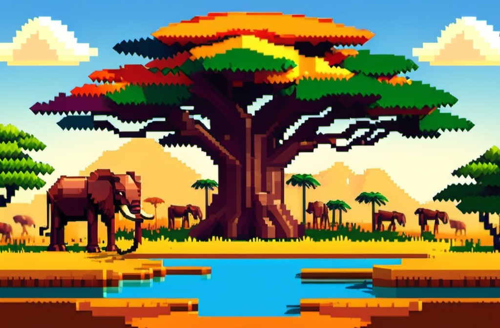 Prompt: create a 2D PIXELATED background for a game representing africa using the vivid colors