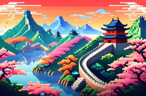 Prompt: Create a 2D pixelated image filled with vibrant colors, showcasing a prestigious background of Asia. The scene should feature iconic landmarks and diverse landscapes that represent the region's rich culture and heritage, such as ancient temples, bustling cityscapes, or serene natural vistas. Include elements like the Great Wall of China, cherry blossoms, or traditional pagodas, all rendered in a detailed pixel art style. The image should be lively and engaging, capturing the essence of Asia's unique elegance through its colorful pixels.