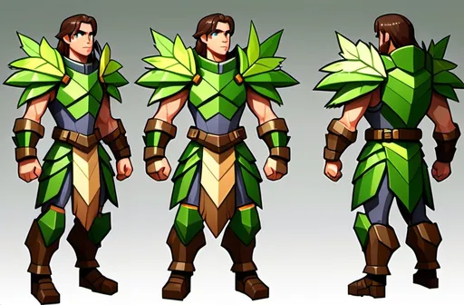 Prompt: Create a vibrant full-body 2D pixelated image of Terra Shield, an environmental defender. He should have green skin and brown hair that resembles leaves and branches. Dress him in armor made of natural materials like wood and leaves. Position him in a protective stance with one arm raised, ready to restore the land. His expression should convey strength and determination, highlighting his dedication to preserving nature pixelated deisgn with big pixels